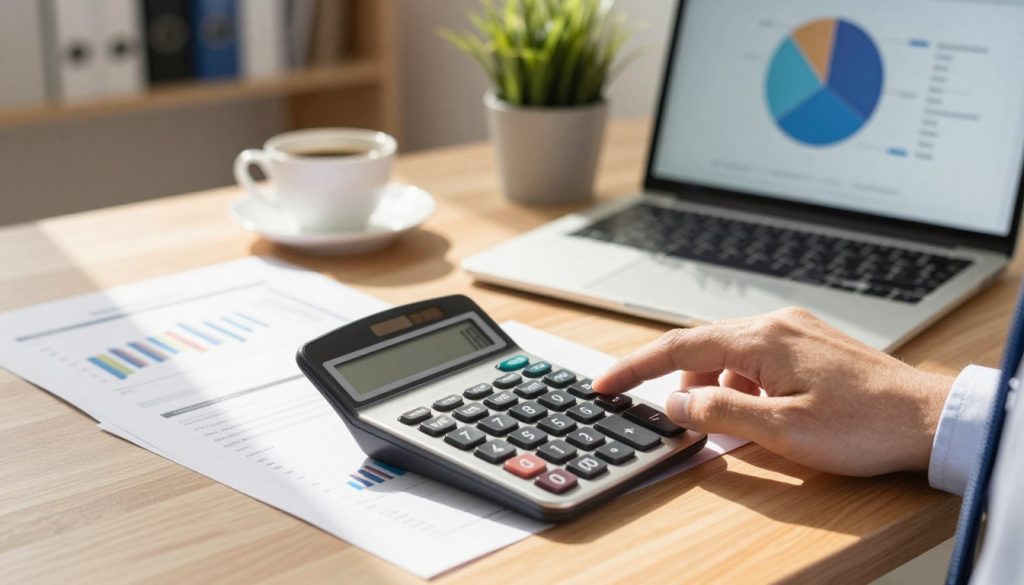 A close-up view of a modern desk setup featuring a calculator, a laptop, and financial documents scattered on a wooden surface. The calculator displays numbers related to life insurance premium calculations, while the laptop shows a pie chart illustrating different insurance metrics. In the foreground, a hand in a professional business attire (a crisp shirt and tie) reaches towards the calculator. The middle ground includes a soft-focus image of a cup of coffee and a potted plant, adding a touch of warmth. The background is softly blurred, hinting at an office environment with shelves of books. The lighting is warm and inviting, creating a sense of focus and professionalism, with natural sunlight streaming in from the side, casting gentle shadows.