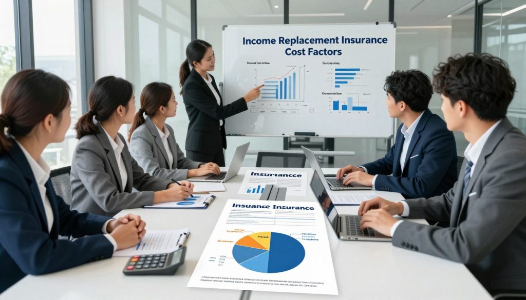 A conceptual illustration of income replacement insurance cost factors, featuring a diverse group of professionals in business attire seated around a modern conference table, analyzing charts and data on laptops and tablets. In the foreground, zoomed-in elements such as a calculator, insurance forms, and a pie chart displaying various cost factors like age, occupation, health, and coverage level. The middle ground showcases the group discussing and pointing to a large whiteboard filled with key terms and diagrams related to insurance costs. In the background, a bright, well-lit office environment with glass walls and natural light streaming in, creating a productive atmosphere. The image should evoke professionalism, teamwork, and analytical thought, emphasizing the importance of understanding financial aspects in income replacement insurance.