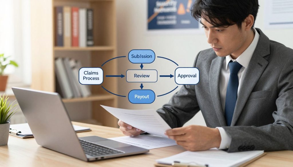 A detailed illustration of the life insurance claims process. In the foreground, a professional-looking individual in business attire is seated at a desk, reviewing documents while using a laptop, symbolizing the claim submission phase. The middle ground features a flowchart with clearly defined steps of the claims process, including submission, review, approval, and payout, presented in a visually engaging way. The background shows a warm, well-lit office environment with shelves of insurance books and motivational posters about security and peace of mind. Soft, diffused lighting creates a calm and professional atmosphere, conveying trust and reliability. The angle is slightly elevated, providing a comprehensive view of the scene while focusing on the individual and the flowchart elements.