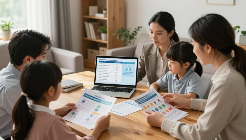 A family gathered around a table discussing insurance options, showcasing a warm, inviting atmosphere. In the foreground, a diverse family of four—parents in professional business attire and two children in smart casual clothing—are reviewing colorful brochures and documents on family protection insurance. In the middle ground, a laptop displays a comparison chart of various family insurance policies, with icons symbolizing different types of coverage—like health, life, and property insurance. The background features a cozy, well-lit living room with a bookshelf and plants, creating a serene home environment. Natural lighting filters through a window, casting a soft glow, evoking a sense of security and trust in their decision-making process. Capture this scene from a slightly elevated angle to emphasize engagement and connection among the family members.