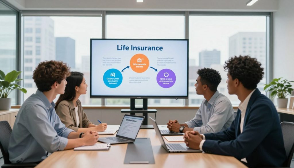 A modern office setting filled with natural light. In the foreground, a diverse group of three young adults—one Caucasian male, one Asian female, and one Black male—are engaged in a discussion around a sleek conference table covered with documents and a laptop displaying life insurance options. The middle ground features a large digital screen showcasing a colorful infographic that outlines the step-by-step process of purchasing life insurance. In the background, large windows reveal a city skyline, adding depth to the environment. Soft, warm lighting enhances the collaborative and informative atmosphere, while a wide-angle lens captures the entire scene, emphasizing the importance of teamwork and knowledge-sharing for newbies in life insurance.