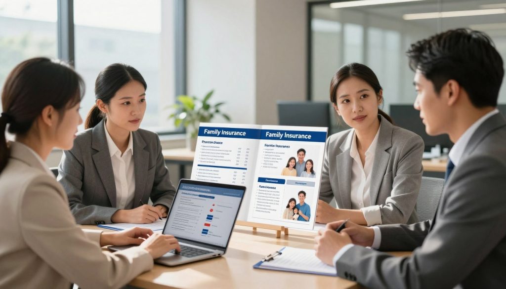 A modern office setting illustrating top-rated family insurance companies. In the foreground, a diverse group of three professionals, dressed in smart business attire, is engaged in a discussion while reviewing family insurance plans on a laptop. In the middle ground, a large table displays brochures and charts showcasing various insurance options, with images of happy families symbolizing protection and security. The background features a sleek environment with large windows allowing natural sunlight to stream in, enhancing the warm and inviting atmosphere. Soft, diffuse lighting highlights the scene, creating a sense of trust and professionalism. Overall, the image conveys a supportive and informative mood, ideal for understanding family protection insurance.