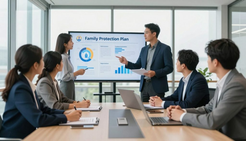 A modern office setting with a sleek conference table at the forefront, showcasing a family protection plan presentation. In the foreground, a professional team discussing options, dressed in smart business attire, with a diverse group including two men and two women engaged in a lively conversation. In the middle, a well-organized presentation board displaying visually appealing charts and infographics illustrating different types of family protection plans, like life insurance, health coverage, and legal protection. In the background, large windows let in soft, natural light, creating a warm and inviting atmosphere. The color palette features blues and greens for a sense of security and stability, with a slight focus on the teamwork and collaboration theme. The angle of the shot is slightly elevated, capturing the dynamics of the discussion while ensuring clarity of the presentation materials.