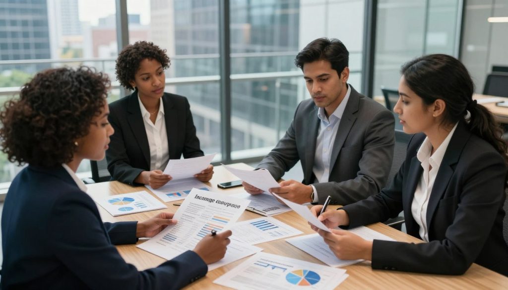 A professional business setting focused on income loss coverage assessment. In the foreground, a diverse group of three professionals, including a Black woman, a Hispanic man, and a South Asian woman, are engaged in a discussion over documents, wearing smart business attire. In the middle ground, a large conference table is scattered with papers, charts, and graphs illustrating financial data on income replacement coverage. The background features a modern office with glass walls, showcasing city skyline views. Soft, natural lighting filters through the windows, casting a warm glow on the scene. The atmosphere is collaborative and analytical, reflecting the serious importance of assessing coverage requirements. The angle is slightly elevated, providing a comprehensive view of the discussion and materials.