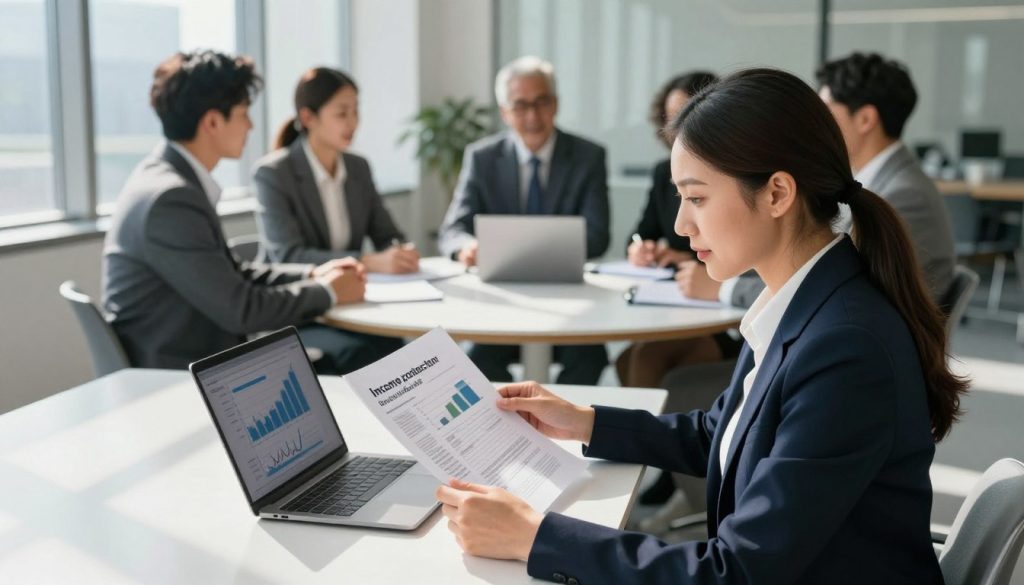 A professional business setting illustrating the concept of income protection insurance. In the foreground, a thoughtful businesswoman in professional attire examines documents on a sleek desk, with a laptop open displaying financial graphs. In the middle ground, a diverse group of professionals engage in a discussion around a round table, emphasizing collaboration and support. The background features a modern office environment with large windows allowing natural light to flood in, casting soft shadows. The mood is optimistic and reassuring, reflecting the security that income protection insurance provides. The angle focuses slightly from above, giving a comprehensive view of the scene while highlighting the importance of financial stability and teamwork in challenging times.