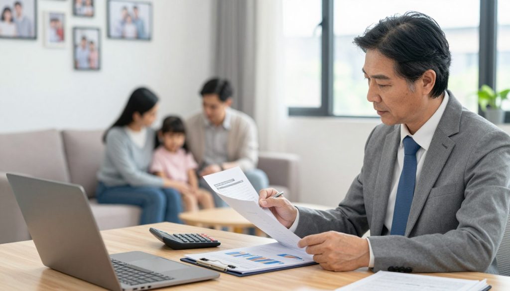 A professional family advisor sitting at a desk in a well-lit office, assessing protection needs for a family. In the foreground, the advisor, a middle-aged individual in formal business attire, is reviewing documents and using a calculator, showcasing a thoughtful expression. On the desk, there are open files with charts and graphs representing family insurance options. In the middle ground, a comfortable family seating area is visible, with a soft sofa and family photos on the wall, conveying a sense of warmth and safety. The background features a large window allowing natural light to flood the space, creating an inviting atmosphere. Use soft focus for the background to emphasize the advisor's concentration on the task at hand. Overall mood should feel reassuring and professional, highlighting the importance of assessing protection needs for families.