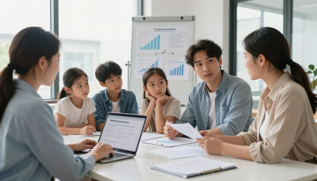A professional family consultant in a modern office setting, sitting at a sleek table with a laptop open and documents spread out, showcasing a detailed family protection plan. In the foreground, a diverse family, dressed in modest casual clothing, attentively discusses the strategy, with expressions of determination and hope. The middle ground features a whiteboard with graphs and charts illustrating key steps of the implementation process. In the background, bright, natural light streams through large windows, creating a warm and inviting atmosphere. The scene captures a sense of teamwork and proactive planning, emphasizing the importance of family safety and security. The angle is slightly elevated, providing a comprehensive view of the interaction and environment.