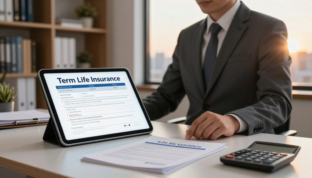 A professional financial advisor in business attire stands confidently at a sleek, modern desk, showcasing a large, open tablet displaying a life insurance policy. The foreground features detailed papers and a calculator, emphasizing financial planning. In the middle ground, a cozy office with soft lighting highlights a bookshelf filled with financial literature. A subtle window view reveals a city skyline at sunset, casting warm golden hour tones across the scene. The atmosphere reflects trust and professionalism, inviting viewers to consider the importance of term life insurance. The composition uses a slightly elevated angle to convey authority, with a focus on clarity and organization.