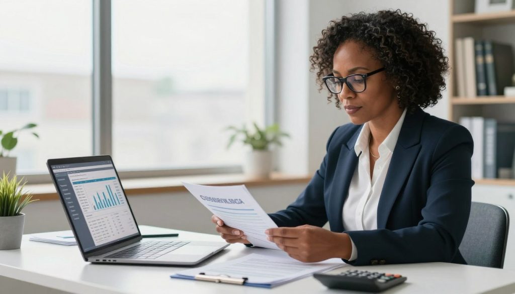 A professional income replacement insurance estimator at a sleek modern desk, wearing formal business attire. The foreground features a laptop displaying a financial estimation software interface, with documents and a calculator scattered around. In the middle ground, a confident, middle-aged Black woman with glasses is reviewing figures, looking focused and engaged. The background shows a bright, well-lit office with large windows, allowing natural light to filter in, and shelves lined with financial books. The atmosphere conveys a sense of professionalism and importance, emphasizing the crucial role of income protection. Soft focus on the background adds depth, while the lighting enhances the clarity of the subject’s expression, depicting determination and expertise in financial planning.