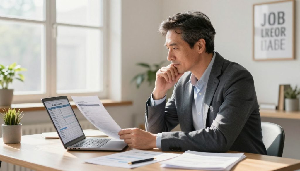 A professional individual sitting at a desk in a bright, well-organized home office, surrounded by paperwork, a laptop, and financial documents, symbolizing the process of financial recovery after job loss. The person, a middle-aged Caucasian man, is dressed in smart casual attire, looking thoughtfully at a budgeting chart on the laptop screen. In the background, a window allows soft, natural light to fill the space, casting warm shadows, creating a hopeful and focused atmosphere. Subtle elements like a motivational quote framed on the wall and a potted plant add to the uplifting mood, emphasizing resilience and a proactive approach to regaining financial stability.