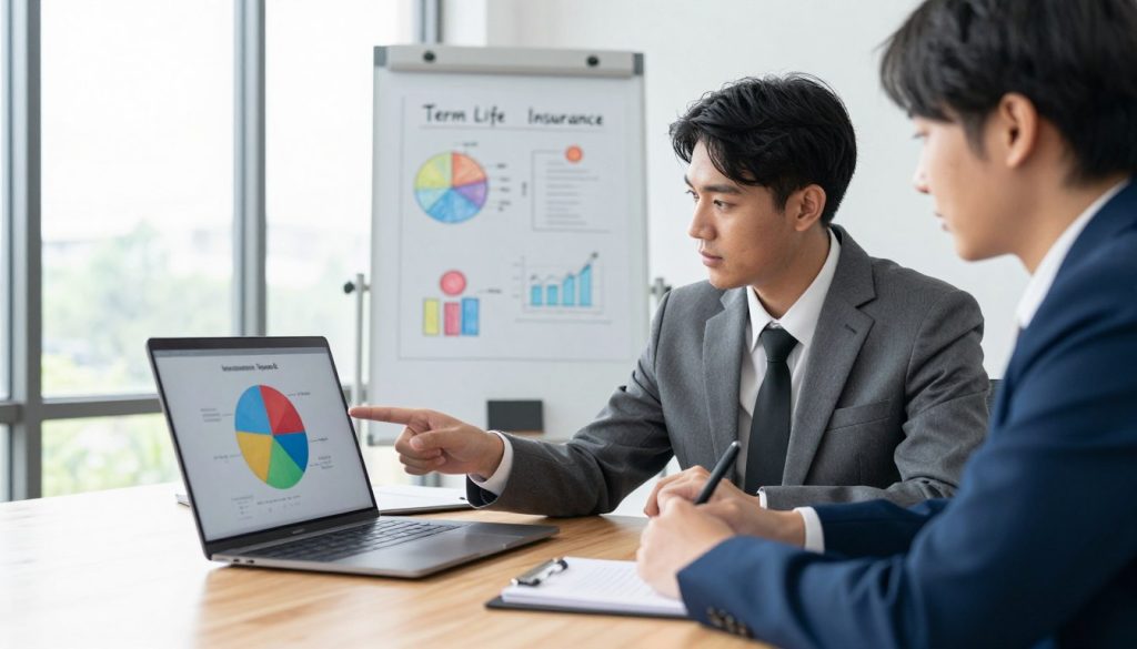 A professional, modern office setting with a wooden desk in the foreground, where two individuals in business attire are engaged in a discussion, comparing life insurance options. One person is pointing at a colorful pie chart displayed on a laptop screen, while the other listens attentively, taking notes. In the middle ground, a whiteboard features key terms and visuals related to term and whole life insurance, drawn with clear diagrams. The background shows a large window with natural light streaming in, illuminating the space and creating a bright atmosphere. The mood is focused and informative, with an air of professionalism. The scene is captured with a slightly elevated angle, emphasizing the engagement between the individuals and their materials.