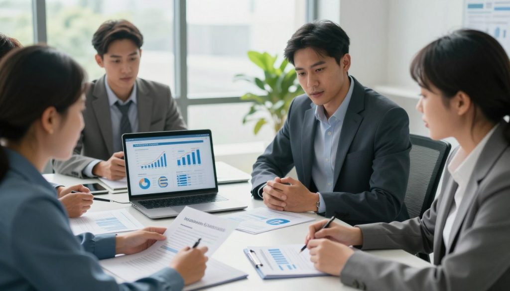 A professional office environment illustrating the concept of disability insurance benefits. In the foreground, a diverse group of individuals, dressed in professional business attire, are engaged in a discussion around a table, analyzing charts and documents related to income replacement coverage. In the middle ground, an open laptop displays graphs that depict financial security and insurance statistics. In the background, a large window allows natural light to flood the room, creating a warm and inviting atmosphere. Soft shadows add depth, while the colors are calm and reassuring—blues and greens dominate, conveying trust and stability. The camera angle is slightly elevated, giving a clear view of the participants and their focused expressions, emphasizing the importance of understanding disability income replacement benefits.
