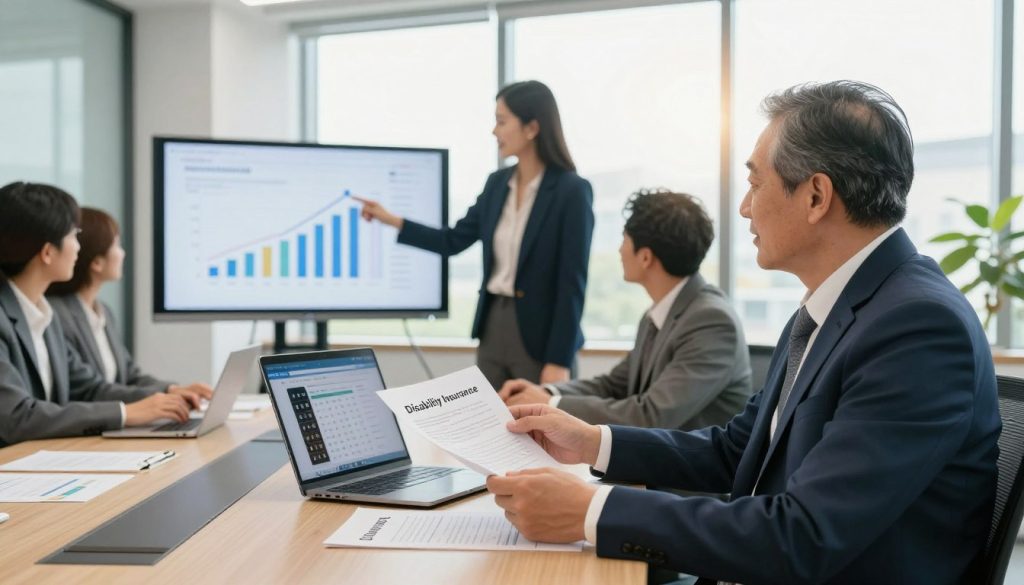 A professional office setting depicting a diverse group of individuals discussing financial planning. In the foreground, a middle-aged man in a sharp business suit sits at a conference table, reviewing documents labeled "Disability Insurance." A woman in smart business attire gestures towards a digital screen displaying graphs illustrating income continuity. In the middle, an open laptop shows a calculator app with numbers reflecting financial security. The background features large windows allowing natural light to flood the room, casting a warm, inviting glow. The overall atmosphere is focused and optimistic, suggesting teamwork and proactive planning. Use a wide-angle perspective to capture all elements, creating a sense of depth and engagement.