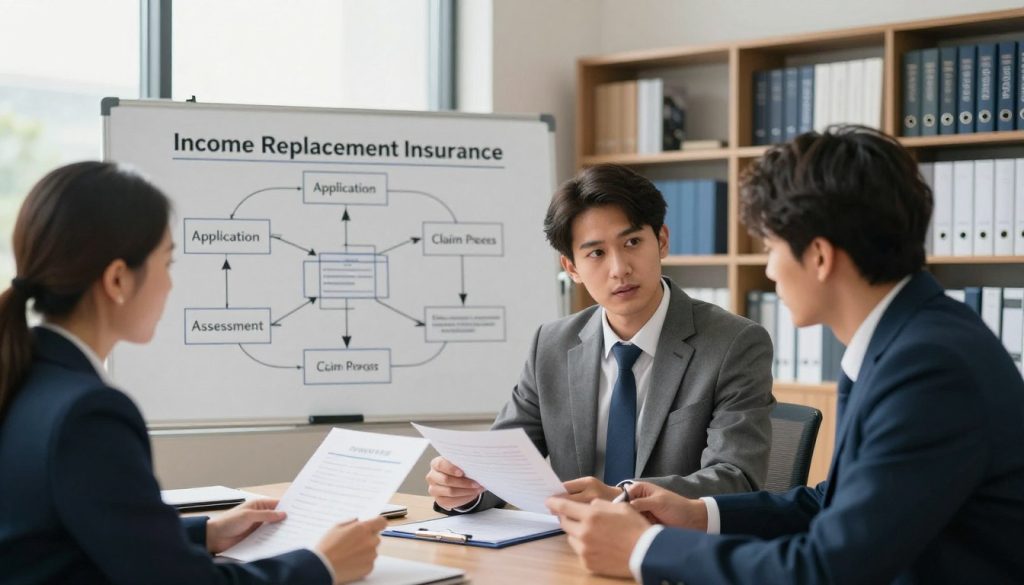 A professional office setting depicting the income replacement insurance process. In the foreground, a diverse group of three people in business attire—two men and one woman—are engaged in a discussion, reviewing important documents. The middle ground features a large whiteboard with flowcharts illustrating the steps of income replacement insurance, such as "Application," "Assessment," and "Claim Process." In the background, there are shelves filled with insurance books and a large window letting in natural light, casting a warm glow. The mood is focused and collaborative, emphasizing clarity and professionalism. The composition is balanced, with a slightly wide-angle perspective, capturing the essence of teamwork and the intricacies of insurance processes.