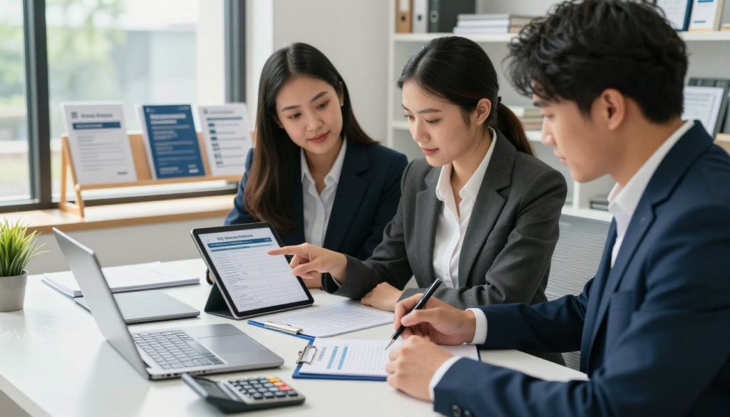 A professional office setting featuring a diverse group of individuals engaged in the life insurance application process. Foreground: a focused man in a suit carefully filling out a detailed application form at a sleek, modern desk, with a laptop and a calculator present. Middle ground: a woman in business attire providing guidance, pointing to a checklist on a tablet, highlighting key requirements. Background: a large window with natural daylight streaming in, casting soft shadows; shelves lined with insurance brochures and books about financial planning. The atmosphere is collaborative and informative, conveying trust and professionalism, with a clean, organized aesthetic. Use a lively yet polished color palette, employing soft focus with a slight depth of field to emphasize the subjects while keeping a well-lit ambiance.