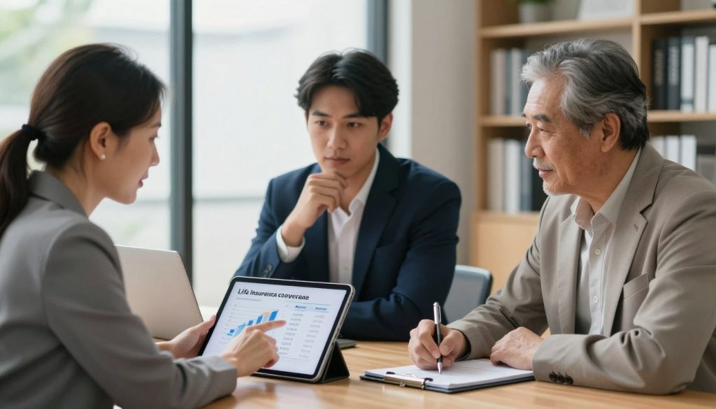 A professional office setting featuring a diverse group of three individuals engaged in a thoughtful discussion about life insurance coverage amounts. In the foreground, a middle-aged woman in business attire points to a financial chart on a tablet, showcasing various coverage amounts. Beside her, a young man in a tailored suit nods thoughtfully, while an older man in smart casual clothing writes notes on a notepad. The middle background includes a large window with soft natural light filtering in, illuminating the team's focused expressions. In the background, a bookshelf filled with financial books emphasizes the professional atmosphere. The overall mood is serious yet hopeful, highlighting the importance of understanding life insurance for financial security.