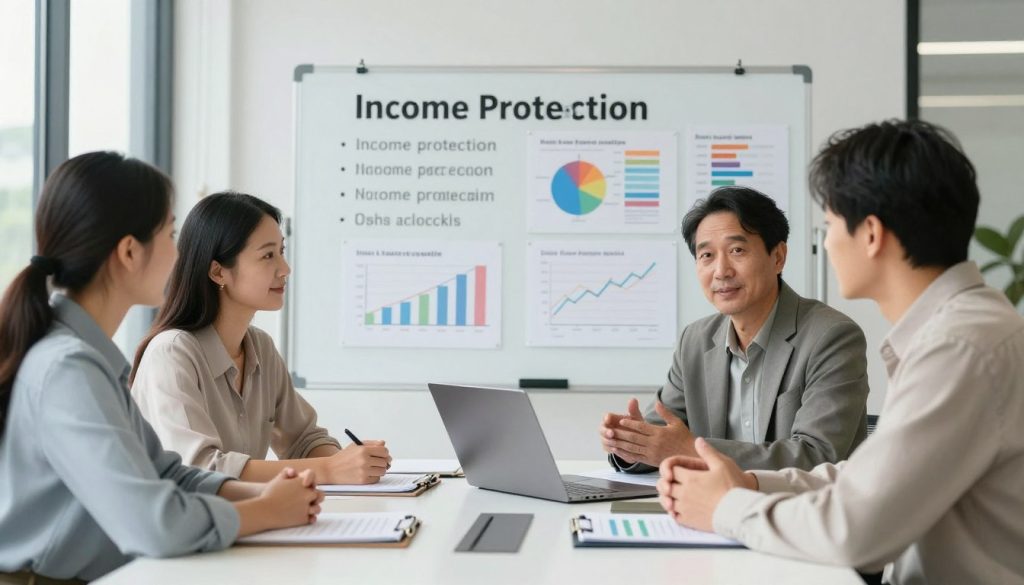 A professional setting depicting a family consultation for assessing income protection needs. In the foreground, a diverse group of three adults (two women and one man) are seated around a modern conference table, engaged in conversation. They wear business casual attire, with a laptop and financial documents spread out on the table. In the middle, a large whiteboard lists key income protection options, along with colorful charts and graphs visualizing financial data. The background features a softly lit office environment with large windows, allowing natural light to filter in, creating an inviting atmosphere. The mood is collaborative and focused, emphasizing the importance of financial security for families. The image captures a sense of professionalism and approachability, encouraging viewers to engage with the topic.