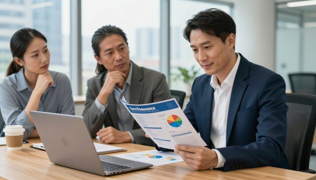 A professional setting featuring a confident insurance advisor sitting at a sleek, modern desk, examining a colorful term life insurance pamphlet, with graphs and charts displayed prominently. In the foreground, a warm wooden table holds a laptop and a cup of coffee, suggesting a productive discussion. In the middle ground, the advisor, dressed in a tailored navy suit and crisp white shirt, engages with a thoughtful middle-aged couple, dressed in smart casual attire, looking intrigued as they listen. The background reveals a bright office environment with glass windows letting in ample natural light, highlighting a city skyline. The mood is informative and encouraging, emphasizing clarity and understanding. The camera angle is slightly above eye level, capturing expressions and interactions, fostering a sense of trust and engagement.