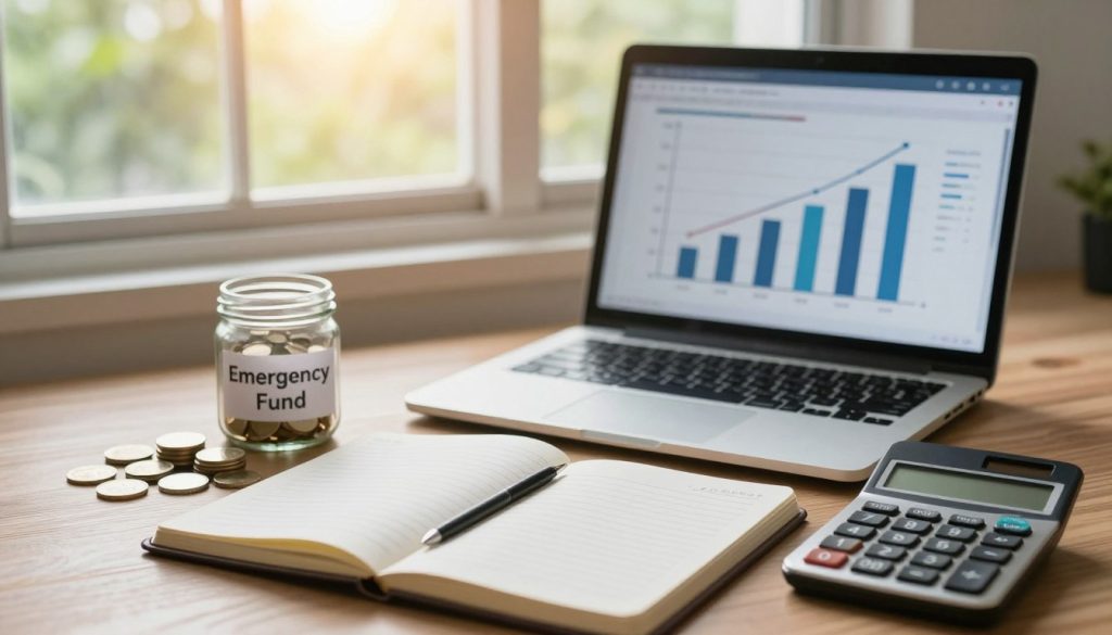 A serene and organized workspace depicting a financial planning theme focused on emergency funds and savings. In the foreground, an open notebook with neatly written budgeting notes and a calculator. A small pile of coins and a jar labeled "Emergency Fund" sits beside it. The middle of the image features a laptop displaying a graph showing savings growth, with a warm light illuminating the screen. In the background, a window offers a view of greenery, creating a calm and hopeful atmosphere, softly lit by afternoon sunlight. The overall mood is reassuring and focused, emphasizing preparedness and stability in uncertain times. The image should convey professionalism, with all elements reflecting a strategic approach to personal finance.