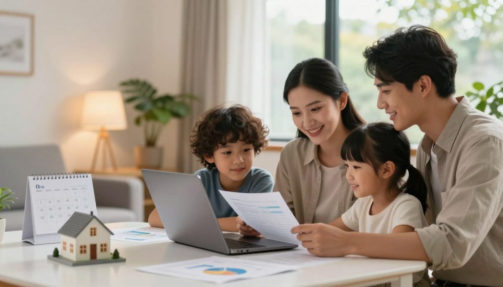 A serene family scene illustrating key features of a protection plan, featuring a diverse family of four—parents and two children—sitting at a dining table with a laptop open, reviewing documents. In the foreground, a clear depiction of family-oriented visuals, such as a house model and financial charts spread out on the table. In the middle ground, a cozy living room with warm lighting, subtle green plants, and a calendar marked with important dates. In the background, a soft-focus window showing a bright, sunny day outside symbolizes hope and security. The mood is optimistic and reassuring, with soft, ambient lighting that creates a comforting atmosphere, emphasizing the importance of family safety and financial planning.