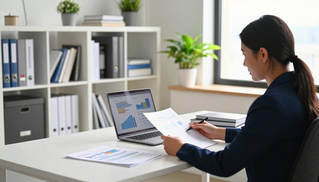 A serene office workspace scene depicting long-term income replacement strategies. In the foreground, a professional businessperson, wearing smart attire, is seated at a sleek desk, reviewing financial documents and a laptop screen showcasing various graphs and charts. The middle layer features an organized bookshelf filled with finance-related books and a plant for a touch of greenery. In the background, large windows allow natural light to flood the room, casting soft shadows. The mood is optimistic and focused, suggesting a proactive approach to financial planning. Use a wide-angle lens to capture the entire scene with clarity. The overall lighting is bright and inviting, emphasizing a safe, professional atmosphere conducive to thoughtful income strategy development.