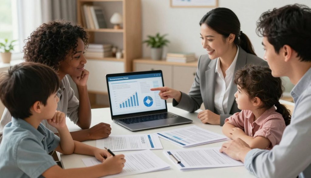 A split-screen composition illustrating a family insurance plans comparison. In the foreground, a diverse family (parents in professional business attire and children in smart casual clothing) examines various policy documents spread out on a table, looking engaged and thoughtful. In the middle ground, a laptop displays comparison graphs and charts, while a friendly insurance advisor points at the screen, assisting them. The background features a cozy home office with a warm ambiance; soft, natural lighting streams in through a window, creating an inviting atmosphere. Use a shallow depth of field to focus on the family and documents, conveying a sense of trust and care in making insurance decisions.