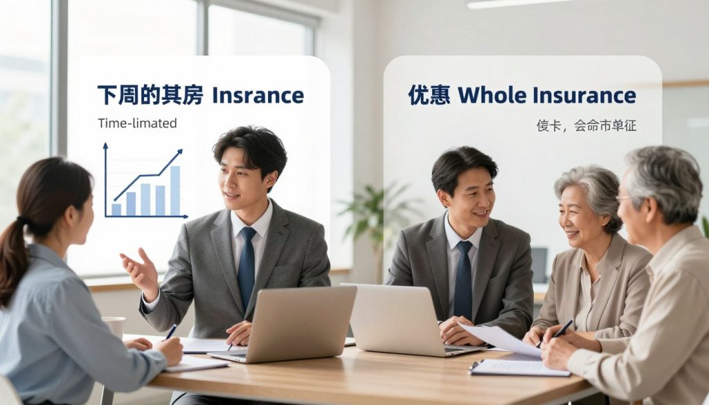 A split-screen illustration comparing term and whole life insurance. On the left, feature a professional advisor in business attire, confidently explaining term life insurance options to a young couple, showcasing a simple graph outlining lower premiums and time-limited coverage. On the right, depict the same advisor discussing whole life insurance with an older couple, emphasizing lifelong coverage and cash value accumulation. The background should show a modern office setting with natural light coming through large windows, creating a welcoming and informative atmosphere. Use a soft focus lens effect to enhance the warmth and trustworthiness of the scene. Bright, neutral colors dominate the palette to keep the image professional and engaging.
