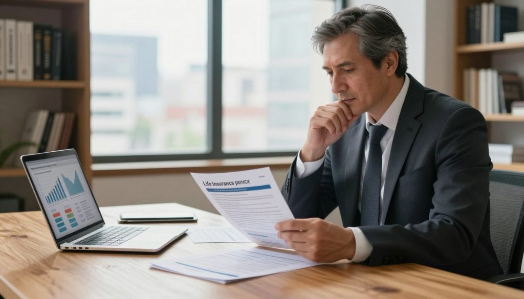 A thoughtful financial advisor sits at a sleek wooden desk, examining various life insurance policy brochures spread out before them. The advisor, a middle-aged Caucasian man in a professional suit, appears engaged and focused. In the foreground, an open laptop displays financial charts and comparison diagrams. In the middle, a large window reveals a bright cityscape, symbolizing opportunities and stability. Soft, natural lighting filters through, creating a warm, inviting atmosphere. The background features a subtle bookshelf filled with financial literature, conveying a sense of knowledge and professionalism. The overall mood is one of trust and decision-making, reflecting the importance of choosing the right life insurance policy.