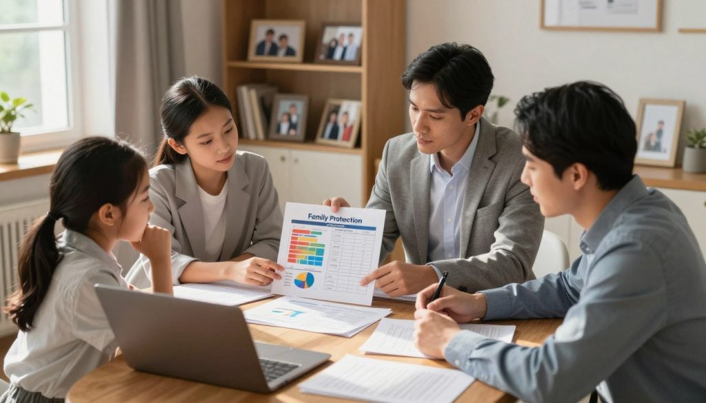 A tranquil home office scene focused on a family protection plan assessment. In the foreground, a diverse family of four, dressed in professional business attire, is gathered around a wooden table with paperwork and a laptop. They appear engaged and thoughtful, reviewing documents together. In the middle, a chart detailing various family protection options is opened on the table, displaying colorful graphs and tables. The background shows a warm, well-lit room with shelves filled with family photos and books, emphasizing a sense of safety and security. Soft, natural light streams in through a window, casting gentle shadows that create a calming atmosphere. The angle should be slightly elevated, capturing the family’s expressions of determination and care as they discuss their future.