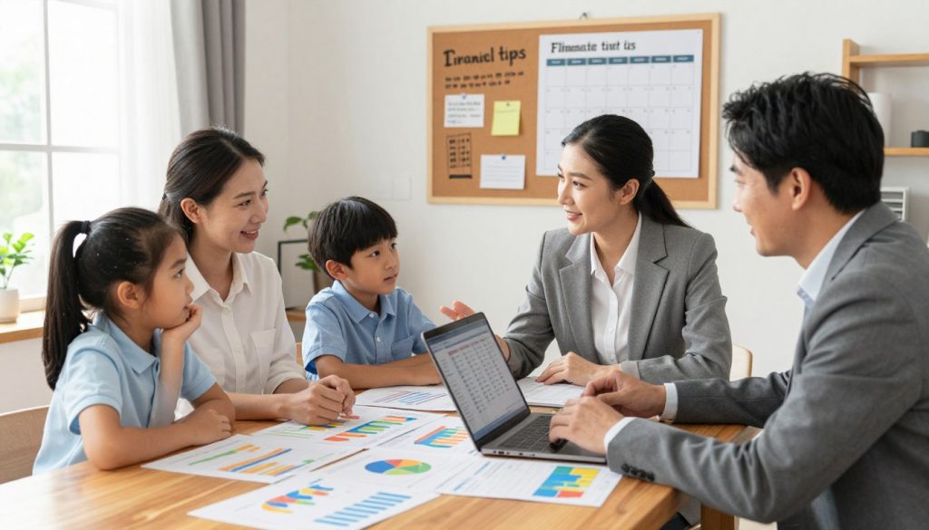A vibrant and inviting family budgeting scene in a cozy home office. In the foreground, a family of four, dressed in professional business attire, sits around a wooden table covered with colorful charts, financial documents, and a laptop open to a budgeting app. The father and mother are engaged in discussion, while two children look on curiously, their expressions reflecting interest and involvement in the budgeting process. In the middle ground, a bulletin board is adorned with inspiring financial tips and a monthly budget calendar. The background showcases a warm, well-lit room with soft natural light coming through a window, creating a hopeful and motivating atmosphere. The angle captures the interaction among family members while emphasizing their collaborative effort toward financial stability.