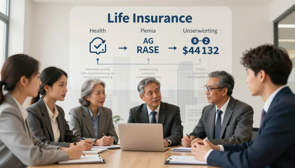 A visually engaging diagram illustrating the factors affecting life insurance premiums. In the foreground, depict a diverse group of professionals in business attire, discussing important factors, surrounded by icons representing health, age, lifestyle, and coverage amount. In the middle ground, include a large infographic displaying key data points like risk assessment, premium rates, and underwriting processes. The background should feature a subtle cityscape or office environment, ensuring a professional atmosphere. Utilize soft, diffused lighting to create a welcoming mood, focusing on warm tones. The perspective should be slightly angled, drawing attention to the interaction among the professionals, highlighting the complexities of life insurance premiums in a clear and informative manner.