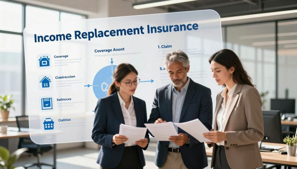A visually engaging illustration depicting the benefits of income replacement insurance. In the foreground, a diverse group of three professionals, dressed in smart business attire, stands together confidently, discussing and analyzing documents. In the middle ground, a large, transparent chart or infographic visually displays key statistics related to income replacement insurance, such as coverage amounts and claim processes, with icons representing financial stability and security. The background features an office setting with large windows allowing natural light to flood the room, casting soft shadows and creating a warm atmosphere. The overall mood is optimistic and professional, emphasizing financial security and support. The angle is slightly elevated, giving a comprehensive view, while maintaining clarity and focus on the subjects and informative elements.