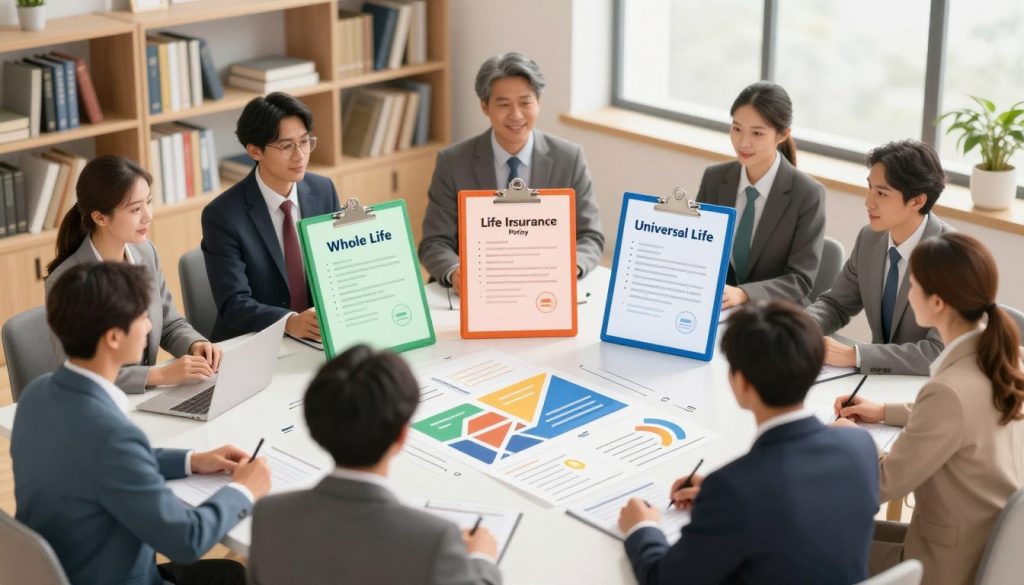 A visually engaging illustration that represents the fundamentals of life insurance policies for beginners. In the foreground, depict a diverse group of professionals in business attire, gathered around a large table filled with life insurance documents and charts. In the middle ground, feature clear visuals of different types of life insurance policies—whole life, term life, and universal life—each in distinct folders or clipboards. The background should contain shelves filled with books on finance and insurance, softly illuminated by warm, natural light streaming in through a large window. The mood is informative and welcoming, encouraging a sense of learning and understanding in a modern office setting, captured from a slightly elevated angle to provide depth.