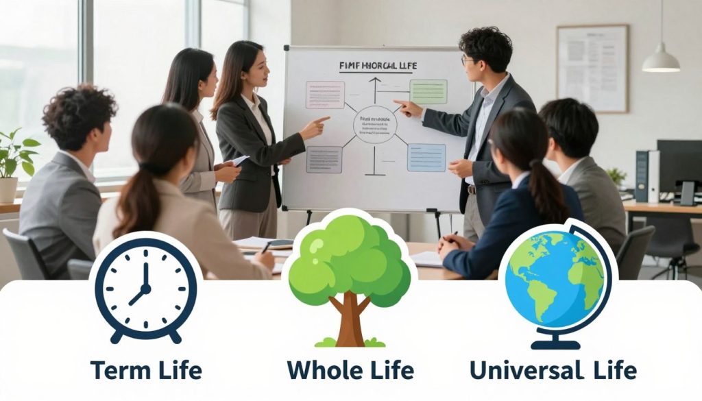 A visually informative illustration depicting the fundamental types of life insurance. In the foreground, three distinct life insurance policy types are represented: term life, whole life, and universal life. Each type is symbolized by a unique icon— a clock for term life, a tree for whole life, and a globe for universal life. In the middle ground, a diverse group of professionals, dressed in business attire, are engaging in a discussion, pointing to a flowchart illustrating the features of each type, showcasing a collaborative atmosphere. The background features an office setting with large windows allowing soft, natural light to fill the space, creating a warm and inviting mood. The overall composition is balanced, focused, and visually clear, ensuring easy comprehension of the topic.