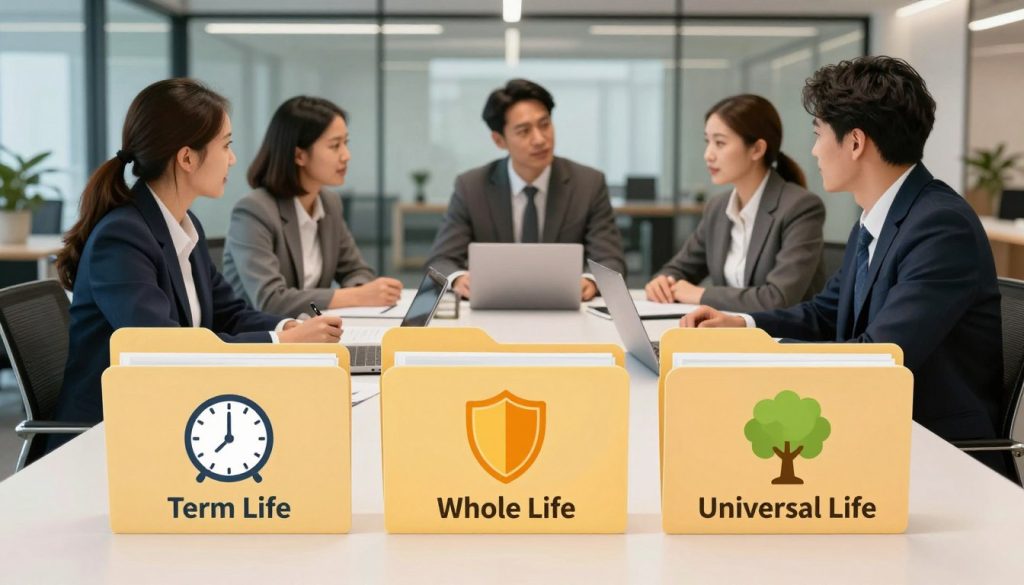 A visually informative illustration showcasing different types of life insurance policies. In the foreground, three distinct folders labeled "Term Life," "Whole Life," and "Universal Life" are displayed, each featuring relevant icons like a clock, shield, and tree. The middle ground features a diverse group of professional individuals in business attire, engaged in a discussion around a table with documents and a laptop. The background shows a modern office setting with glass walls and soft ambient lighting, creating a warm and inviting atmosphere. The image captures a sense of clarity and professionalism, emphasizing the importance of understanding life insurance. Use a slight overhead angle to convey an inclusive and collaborative environment, ensuring all elements are harmoniously integrated without any text or distractions.