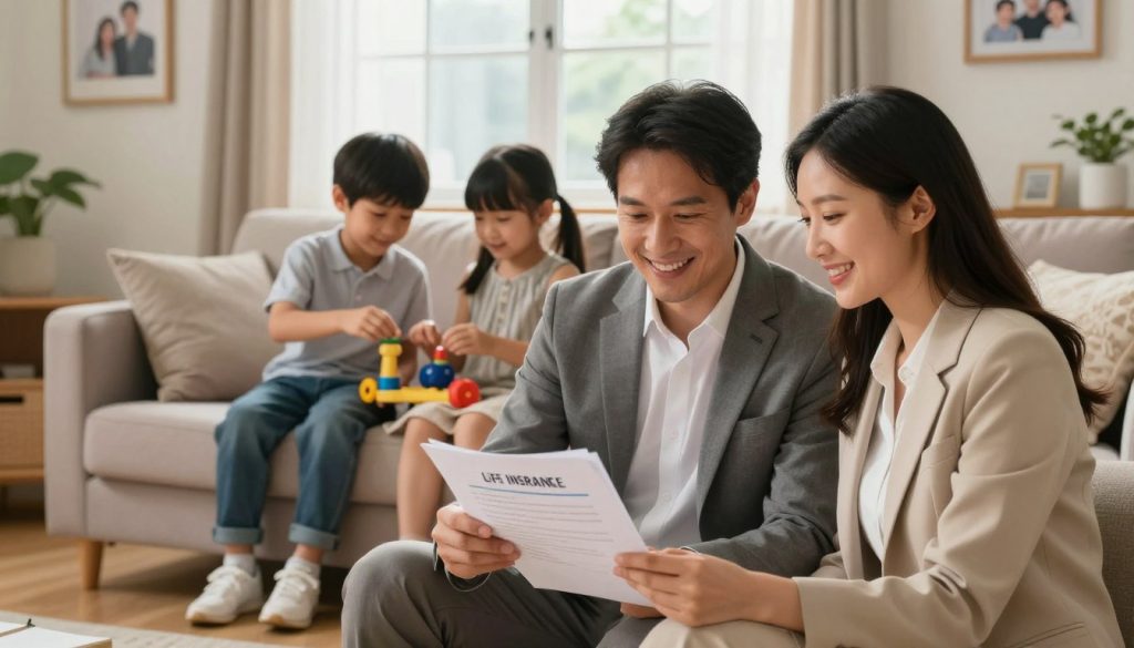 A warm and inviting family scene in a cozy living room, depicting a diverse family of four. In the foreground, a father and mother in professional business attire sit together, smiling as they review documents about life insurance, symbolizing their commitment to family protection. The middle layer features their two children, a boy and a girl, playing with toys nearby, embodying safety and happiness. Soft, natural lighting filters through a window, casting a gentle glow that enhances the image's warmth and optimism. The background reveals family pictures on the walls, illustrating cherished moments and reinforcing the theme of security and togetherness. The overall atmosphere should convey trust, love, and the importance of safeguarding loved ones through affordable life insurance options.
