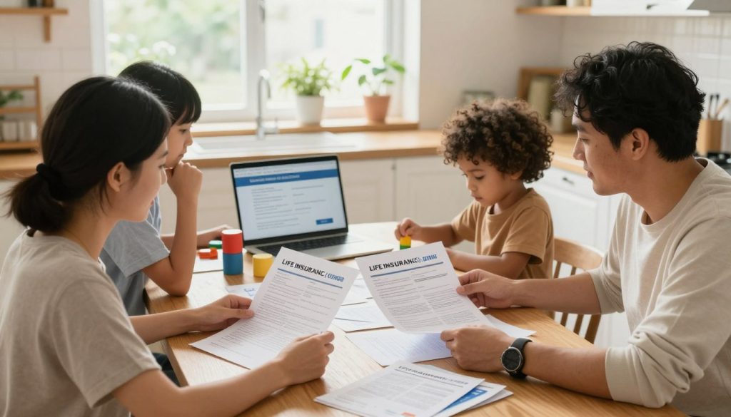 A warm, inviting family scene depicting a diverse family sitting together at a cozy kitchen table, reviewing life insurance policy documents. The foreground features the parents in modest casual clothing, looking engaged and supportive, while a child plays nearby with toys. In the middle, the table is cluttered with pamphlets and a laptop showing life insurance options. The background showcases a sunny window with plants, creating a bright and uplifting atmosphere. Soft, natural lighting illuminates the scene, enhancing the feeling of security and family unity. The angle captures the family dynamics from a slightly elevated perspective, emphasizing togetherness and the importance of making informed decisions for their future.