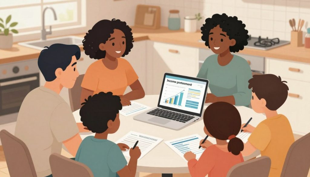 A warm, inviting illustration showcasing a diverse family gathered around a kitchen table, engaged in a discussion about affordable income protection solutions. In the foreground, the family members—an Asian father, a Black mother, and two children—are depicted in modest, casual clothing, exuding a sense of harmony and security. The middle ground features documents and a laptop displaying graphs and financial charts related to income protection options. The background includes a cozy kitchen with soft lighting, suggesting a safe and supportive home environment. The overall mood is optimistic and reassuring, emphasizing the importance of planning for financial stability while maintaining a family-friendly atmosphere. The composition is shot from a slightly elevated angle, drawing the viewer into the family’s conversation.