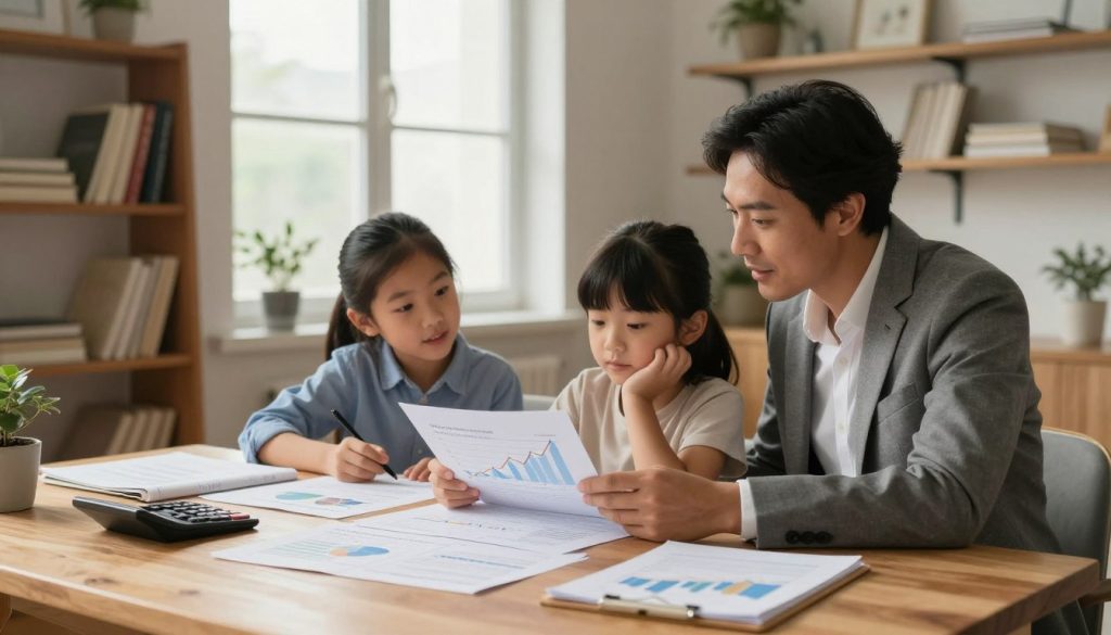 A well-organized family financial protection guide as a centerpiece in a cozy home office. In the foreground, a wooden desk is adorned with neatly arranged paperwork, a calculator, and graphs depicting financial growth. In the middle ground, a diverse family—parents in professional business attire and two children—are engaged in an active discussion, looking at the papers with expressions of determination and hope. The background features shelves filled with financial books and a window allowing soft, warm natural light to illuminate the room, creating a welcoming atmosphere. A subtle depth of field effect enhances the focus on the family while maintaining a serene home environment. This composition emphasizes the importance of financial planning and security for families.